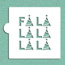 A square food grade plastic stencil with the text 'FA LA LA' and Christmas tree shapes designed for cake and cookie decorating.
