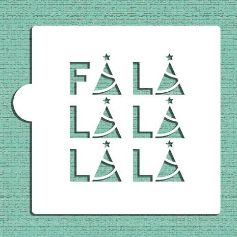A square food grade plastic stencil with the text 'FA LA LA' and Christmas tree shapes designed for cake and cookie decorating.
