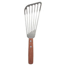 A stainless steel fish spatula with a wooden handle and angled blade with slots.