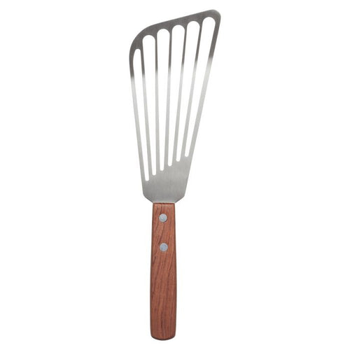 A stainless steel fish spatula with a wooden handle and angled blade with slots.