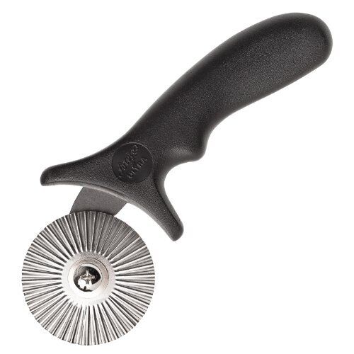 A stainless steel pastry wheel with a black plastic handle on a white background.