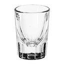 A clear glass shot glass with a fluted design.