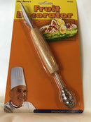 A fruit decorator with a V-shaped blade and a small scoop, packaged on an orange and white card with a chef's image and text.