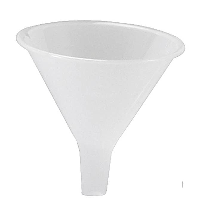 A white polypropylene funnel designed for kitchen use, with vertical ribbing on the sides and a narrow spout.