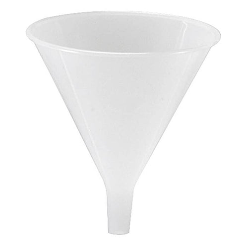 A white polypropylene funnel designed for kitchen use, with vertical ribbing on the sides and a narrow spout.