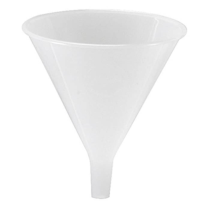 A white polypropylene funnel designed for kitchen use, with vertical ribbing on the sides and a narrow spout.