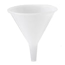 A white polypropylene funnel designed for kitchen use, with vertical ribbing on the sides and a narrow spout.
