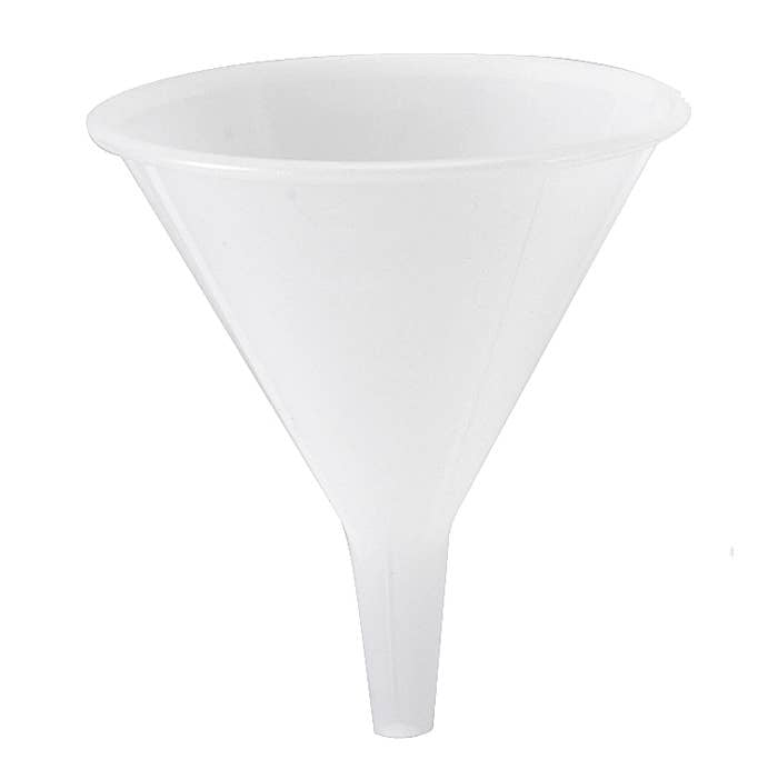 A white polypropylene funnel designed for kitchen use, with vertical ribbing on the sides and a narrow spout.