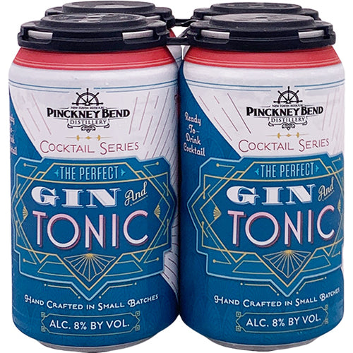 Four cans of Pinckney Bend Gin & Tonic cocktail, with branding and alcohol content information visible on the labels.