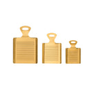 A set of three gold-colored stainless steel graters of varying sizes with a simple geometric pattern and a loop on top for hanging.