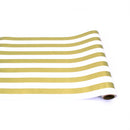 A paper table runner with metallic gold and white stripes.