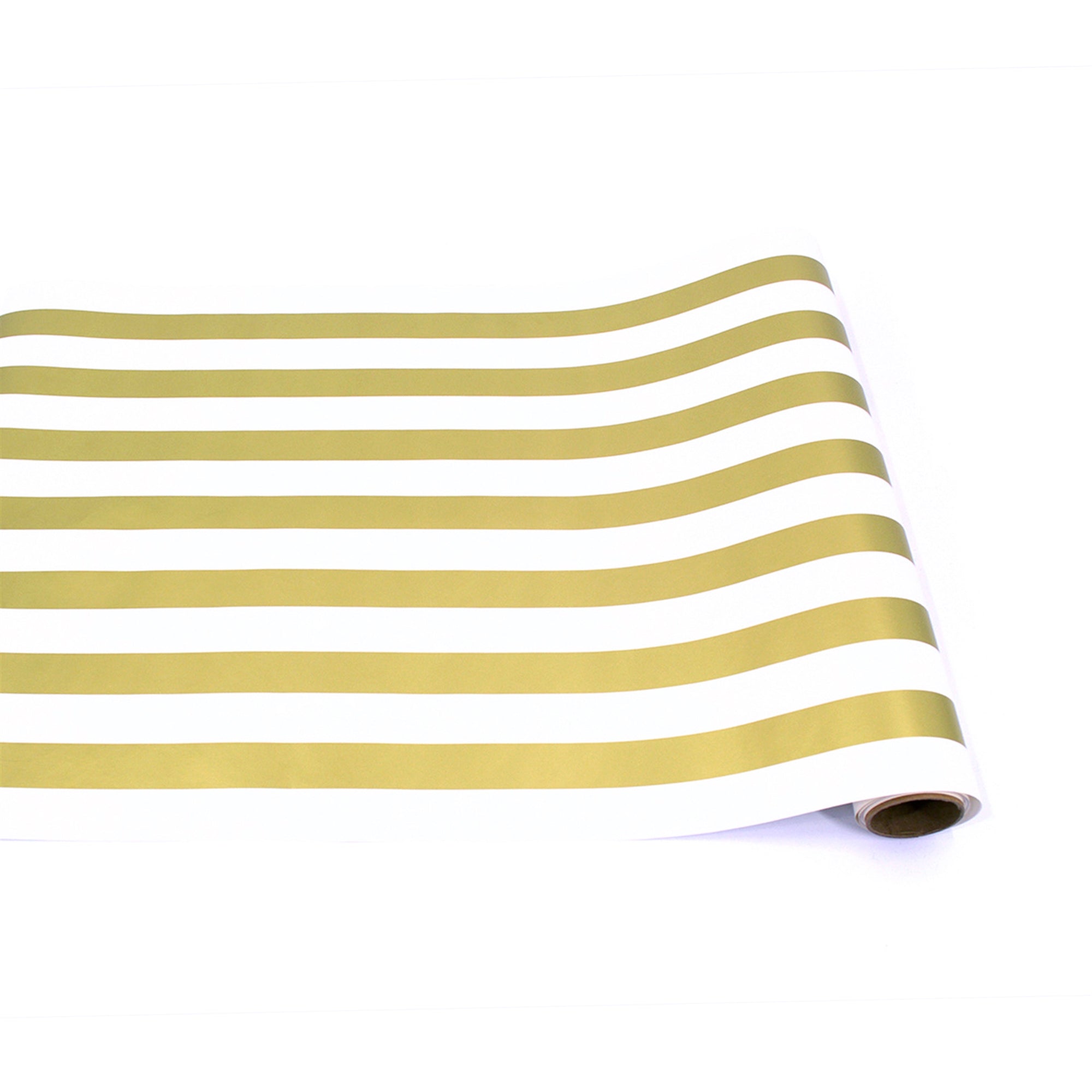 A paper table runner with metallic gold and white stripes.