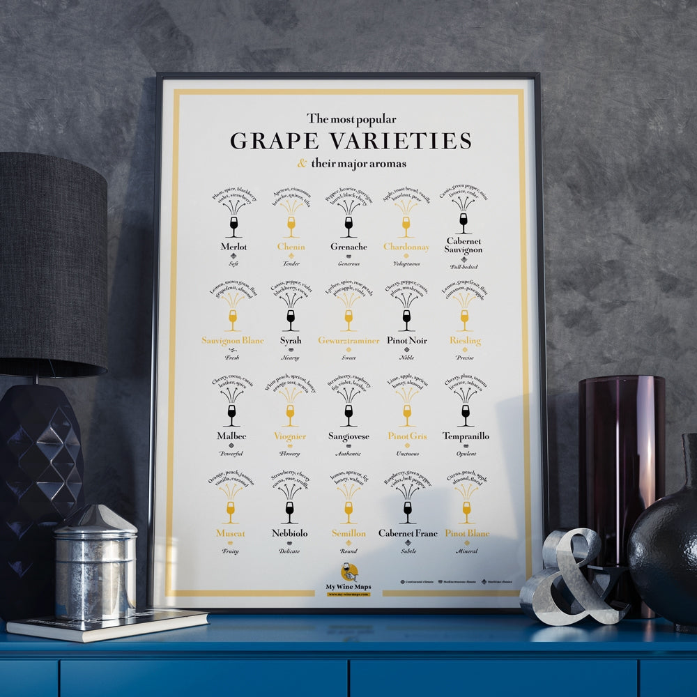 A poster titled 'The Main Grape Varieties' displaying a chart with 20 different grape varieties and their aromas, placed on a blue wall in a home setting.