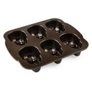 A pan with six skull-shaped cake molds in a grid arrangement.