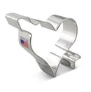 A stainless steel heart-shaped cookie cutter with an arrow design, labeled 'Made in America'.