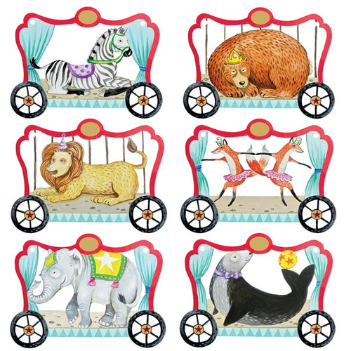 A set of six illustrated buntings with a circus theme, including designs depicting a zebra, a bear, a lion, an elephant, and a seahorse.