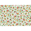 A patterned placemat featuring a floral design with various colors on a beige background.