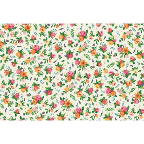 A patterned placemat featuring a floral design with various colors on a beige background.