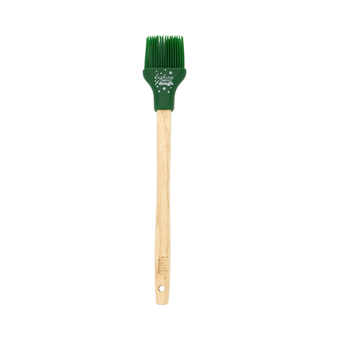 Basting brush with wooden handle and green silicone head with writing on it.