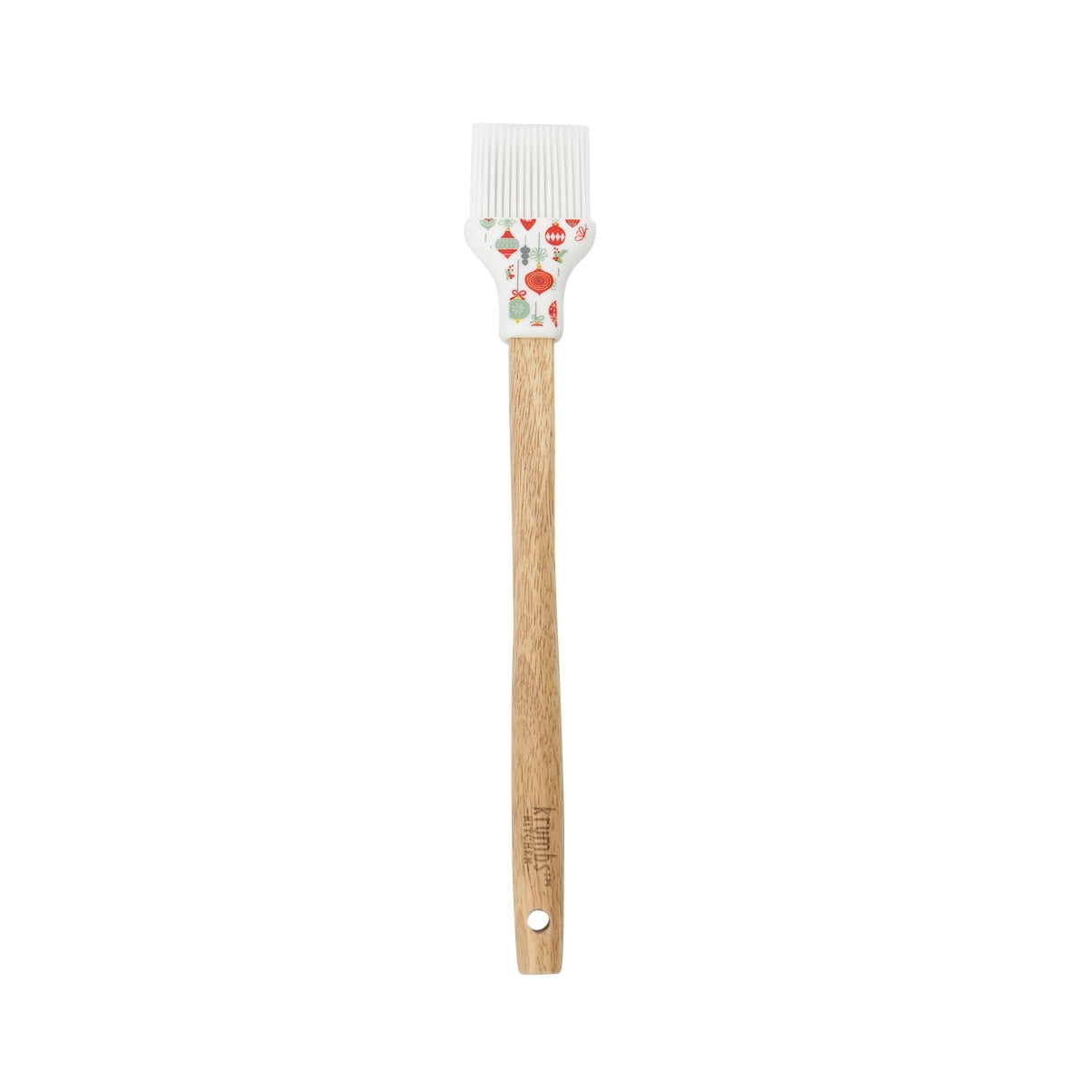 Basting brush with wooden handle and white silicone head with ornament design.