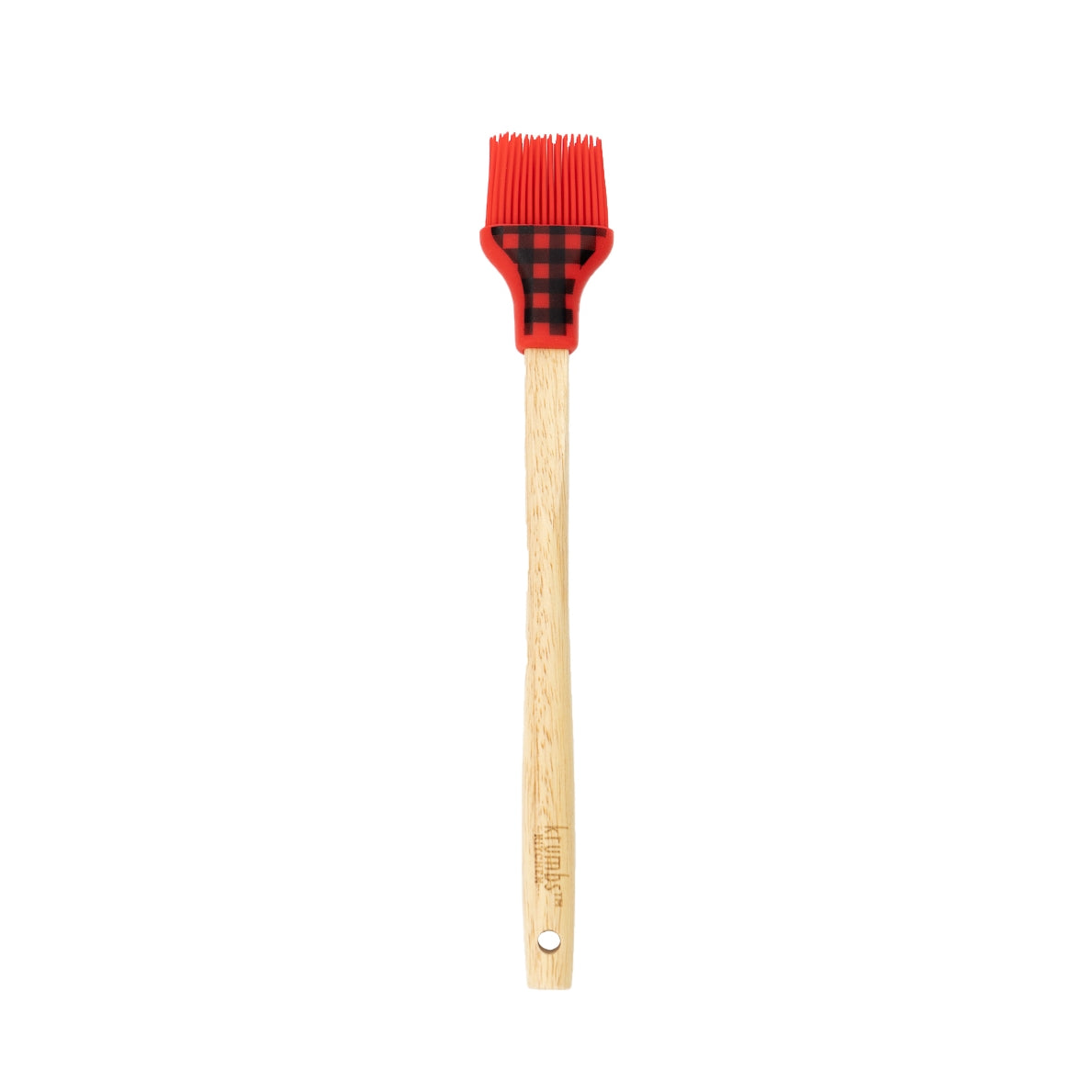 Basting brush with wooden handle and red silicone head with black plaid pattern.