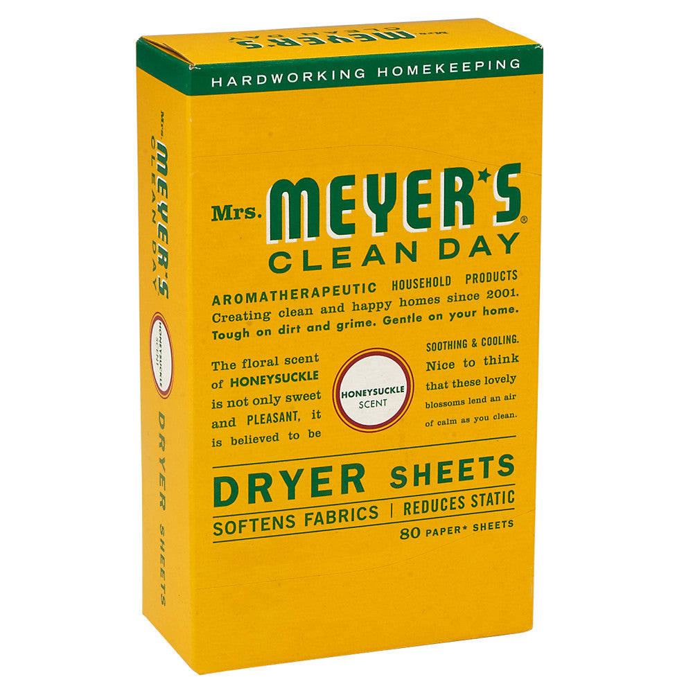 A box of Mrs. Meyers Honeysuckle Dryer Sheets with a green and yellow design, featuring text and the brand's logo.