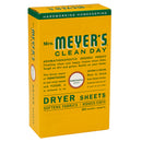 A box of Mrs. Meyers Honeysuckle Dryer Sheets with a green and yellow design, featuring text and the brand's logo.