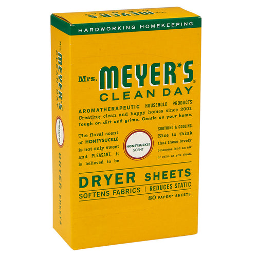 A box of Mrs. Meyers Honeysuckle Dryer Sheets with a green and yellow design, featuring text and the brand's logo.