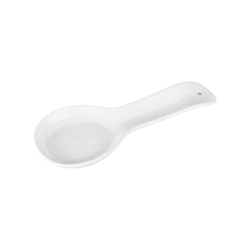 A white ceramic spoon rest on a white background.