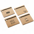 Four brown pouches with text and designs on a white background