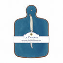 A blue cheese board with a white and yellow floral pattern and a brown knife attached to it, packaged with a label displaying the brand name and product details.