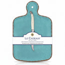 A turquoise cheese board with a white knife attached to it, packaged with a label displaying the brand name and product details.