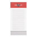 Magnetic Shopping List with a red header featuring a silhouette of a chicken, white body for notes, and a checkered pattern at the bottom.