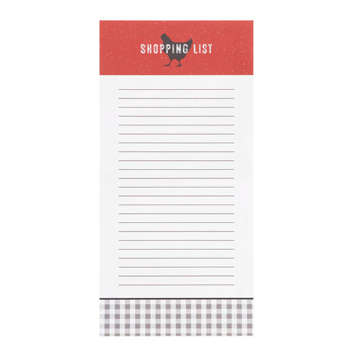 Magnetic Shopping List with a red header featuring a silhouette of a chicken, white body for notes, and a checkered pattern at the bottom.