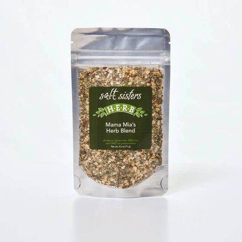 A bag of salt sisters Mama Mia Herb Blend spices on a white background.