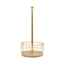 A gold-colored metal and wood paper towel holder with a basket base.