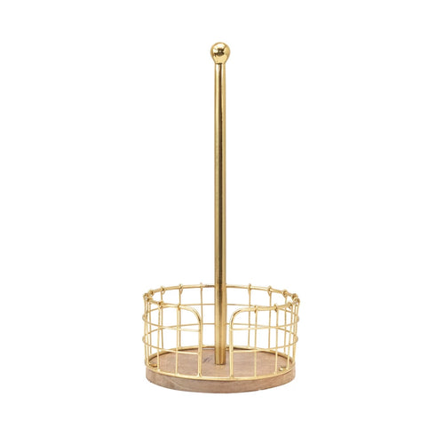 A gold-colored metal and wood paper towel holder with a basket base.