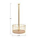 A gold-colored metal and wood paper towel holder with a basket base with dimensions.