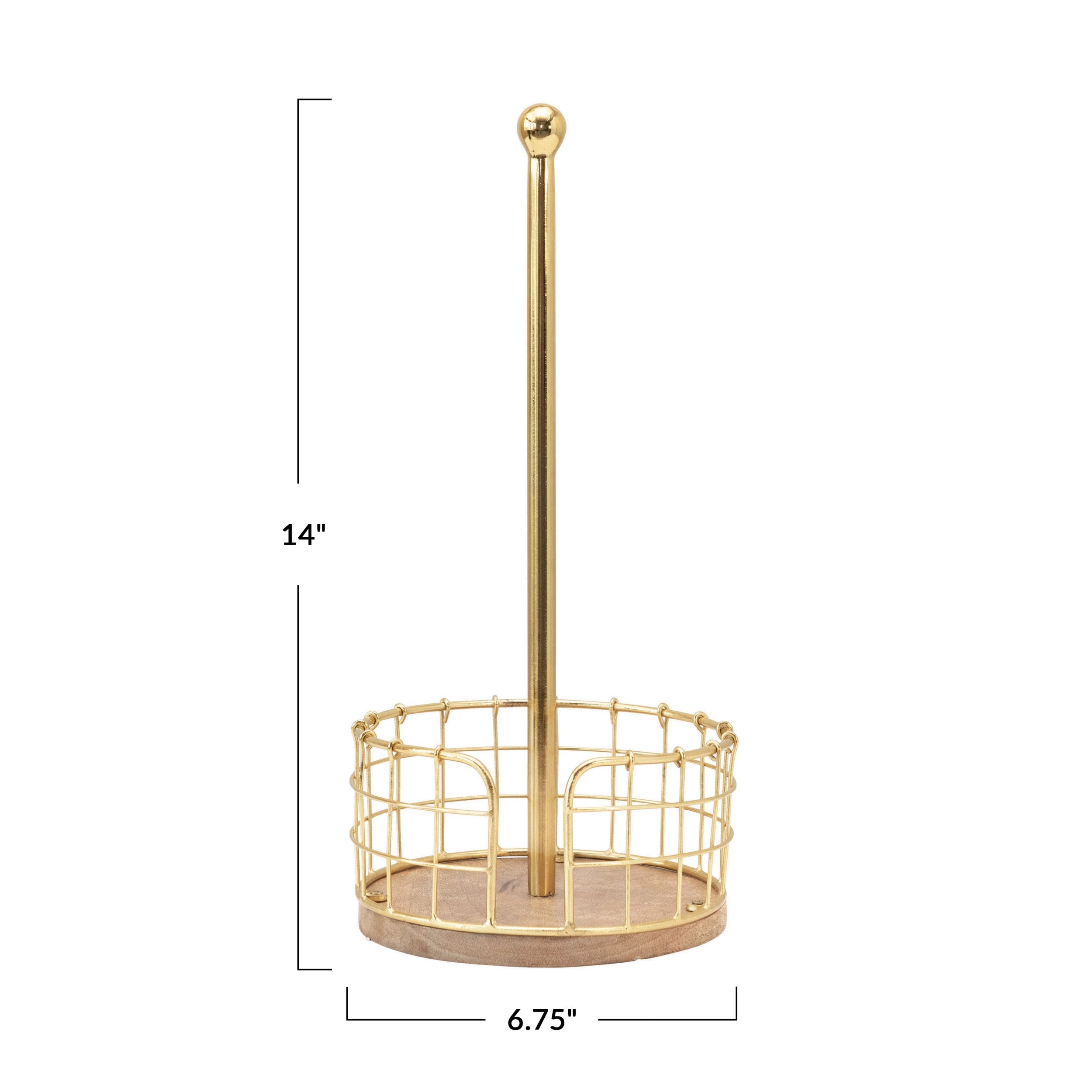 A gold-colored metal and wood paper towel holder with a basket base with dimensions.