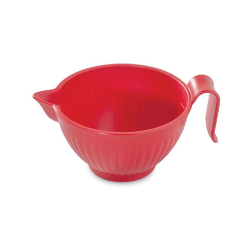 A red Nordic Ware microwave mix and melt pitcher with a handle n a white background.