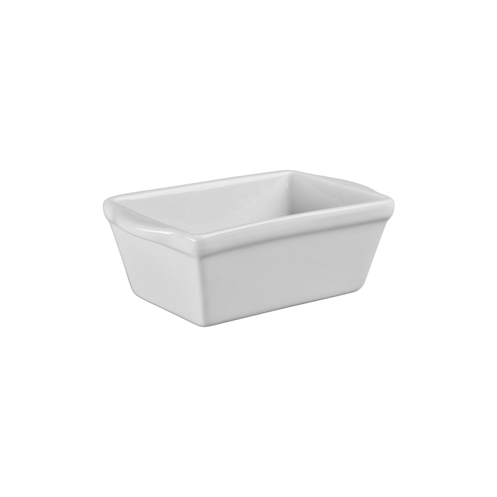 A white porcelain mini loaf pan with a smooth surface.