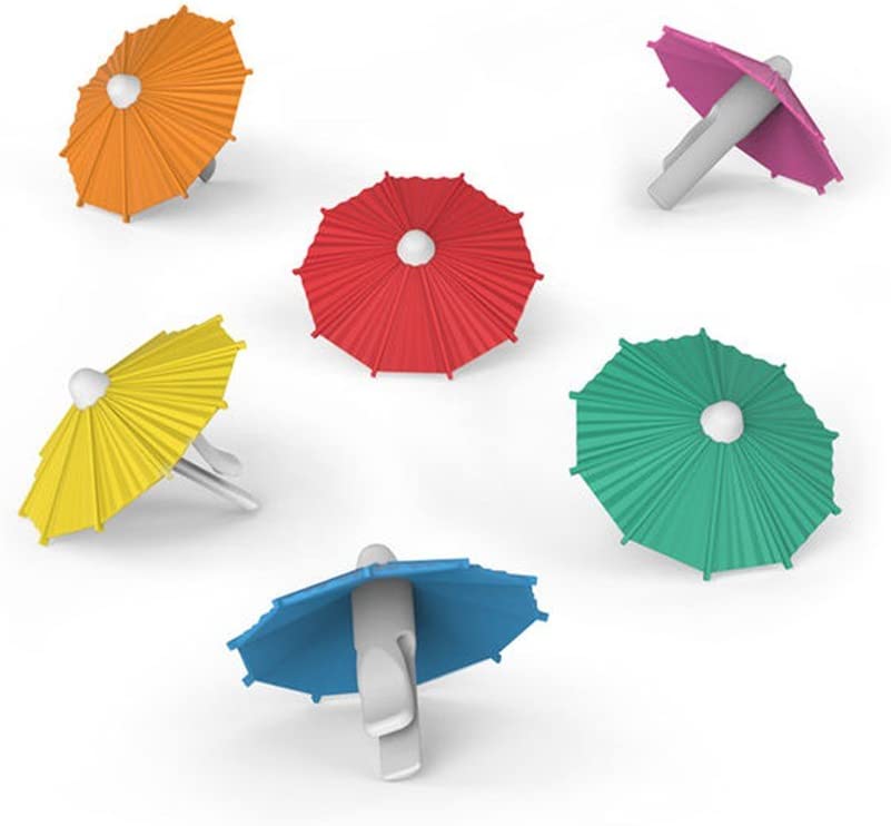 A collection of colorful umbrella-shaped drink markers in red, orange, yellow, blue, green, and purple, displayed against a white background.