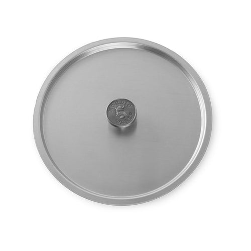 A stainless steel universal lid with a cast aluminum knob, displayed on a white background.