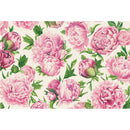 A placemat featuring a pattern of pink peony flowers and green leaves on a light background.