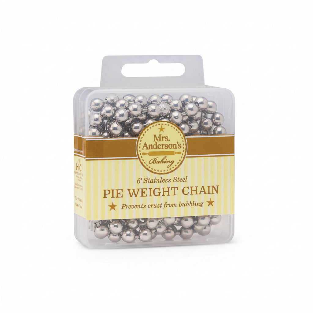 A clear plastic package containing silver bead pie weight chain, with a yellow and white label featuring the brand name 'Mrs Anderson's Bakery'.