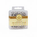 A clear plastic package containing silver bead pie weight chain, with a yellow and white label featuring the brand name 'Mrs Anderson's Bakery'.