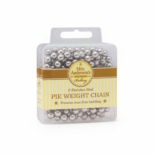 A clear plastic package containing silver bead pie weight chain, with a yellow and white label featuring the brand name 'Mrs Anderson's Bakery'.