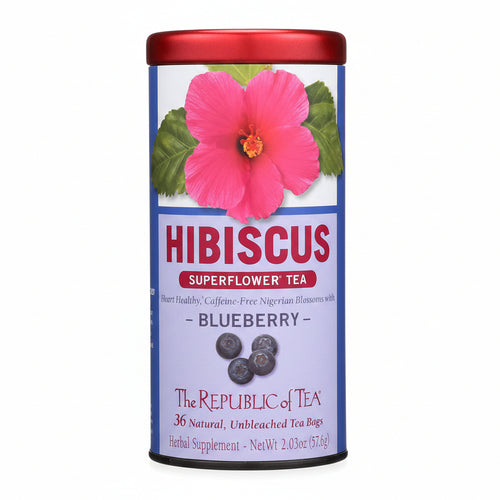 A tin of Hibiscus Superflower tea with blueberry flavor made by Republic of Tea with 36 unbleached tea bags inside.