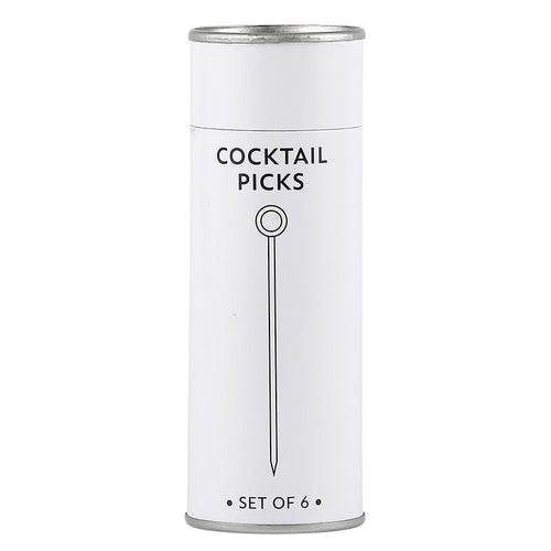 A container of a set of 6 cocktail picks on a white background.
