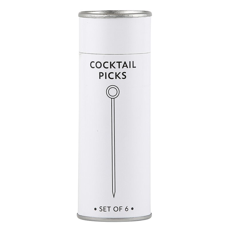 A container of a set of 6 cocktail picks on a white background.